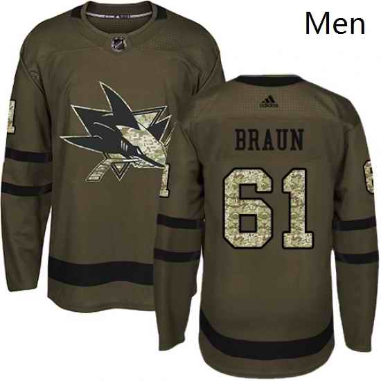 Mens Adidas San Jose Sharks 61 Justin Braun Authentic Green Salute to Service NHL Jersey